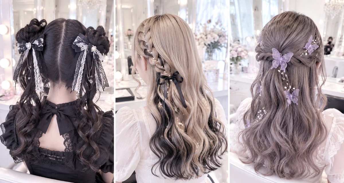 量産型・地雷系ヘアアレンジのイメージ｜ツインお団子、リボンの巻きおろし、蝶々の髪飾りのハーフアップ